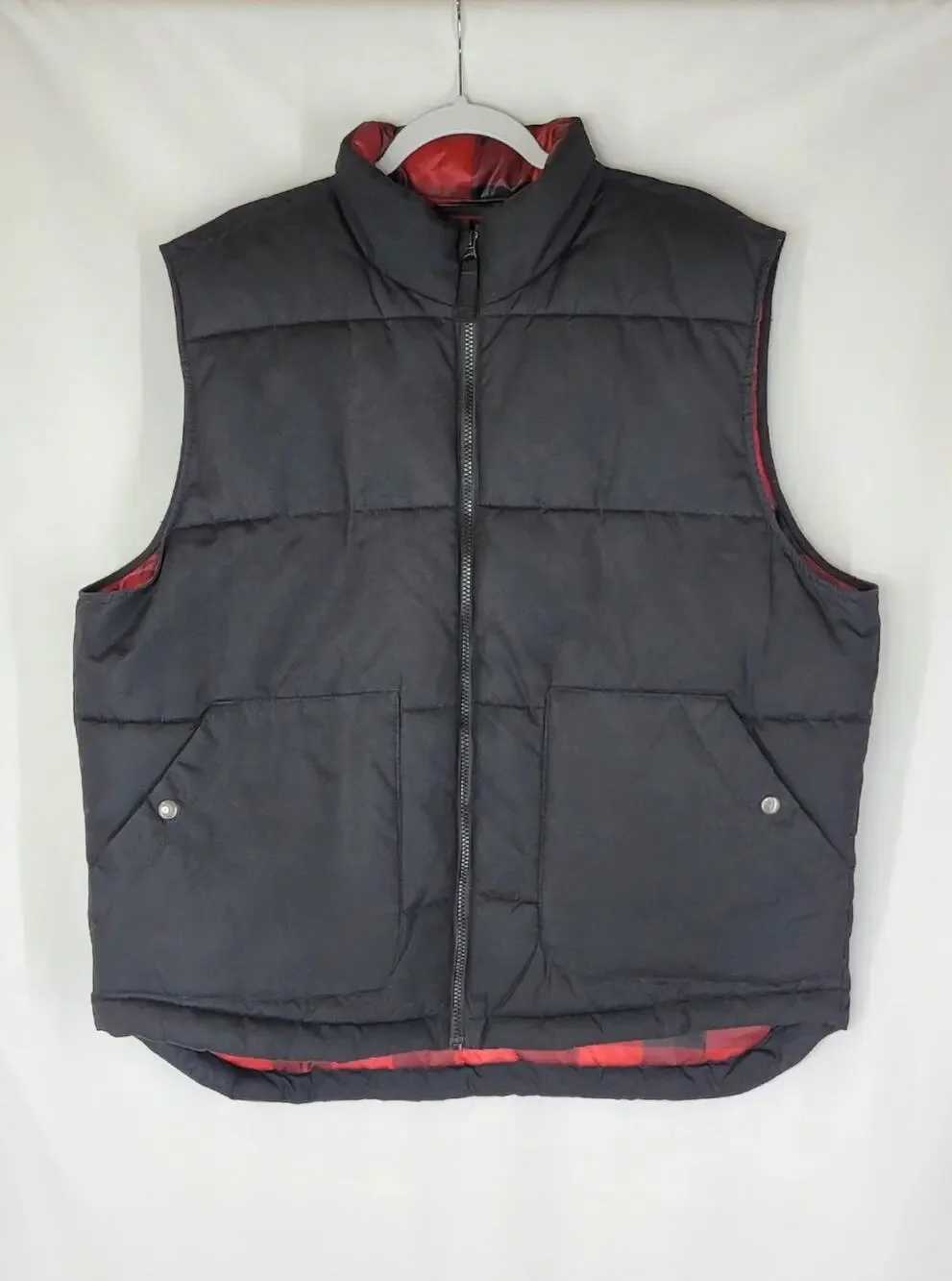 VTG Black ST JOHN'S BAY Zip Front Puffer Vest Red Buffalo Plaid Lining Men's XL